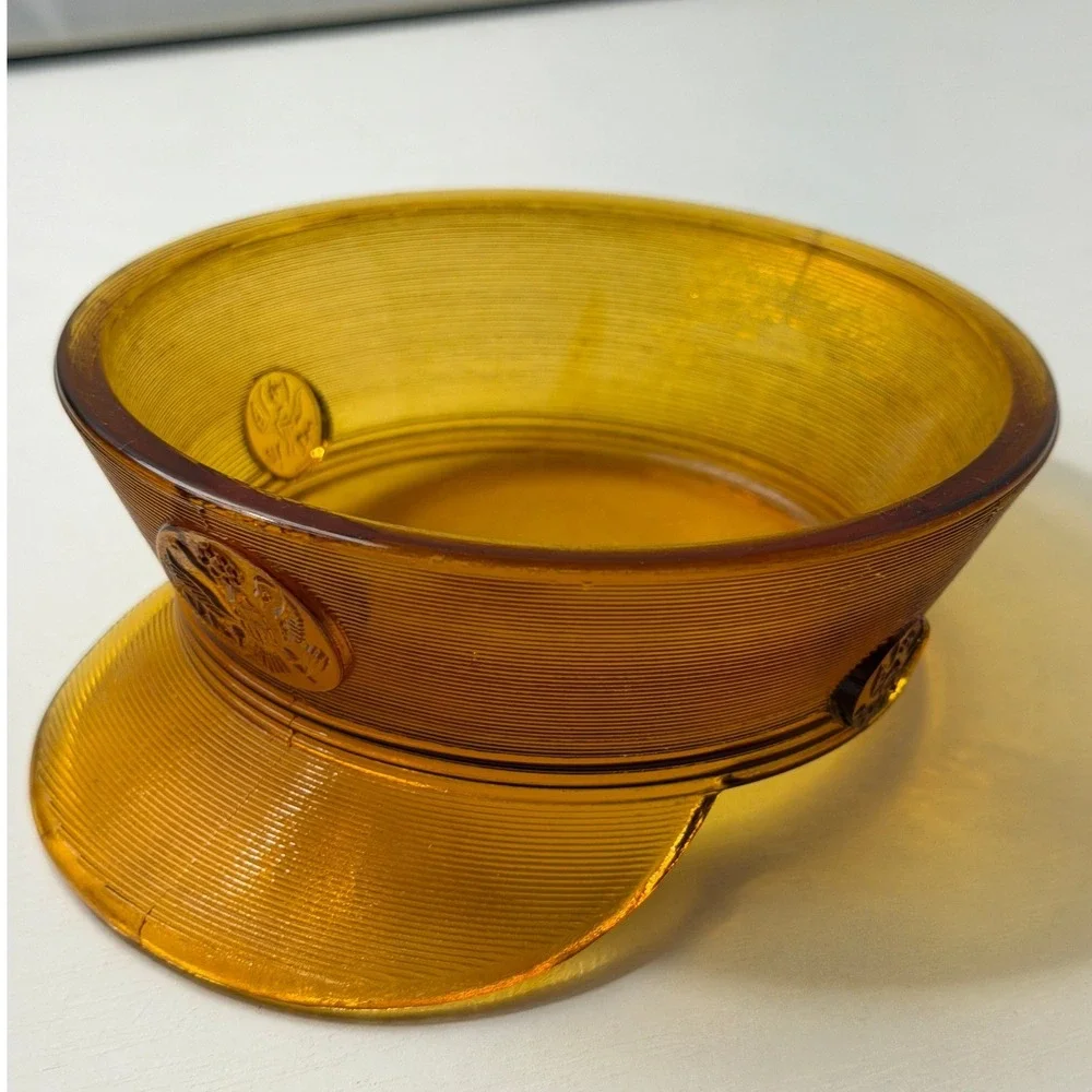 Vintage Military Service Cap Glass Bowl Amber Orange Eagle